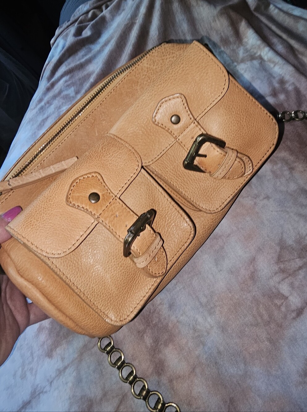 FREE PEOPLE Dylan Duffle Pebbled Leather Buckle Pocket Chain Strap Purse - Picture 2 of 9